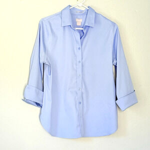 Chicos Top Size 1 Medium Light Blue No Winkle Cuffed Sleeves Stretch Preppy